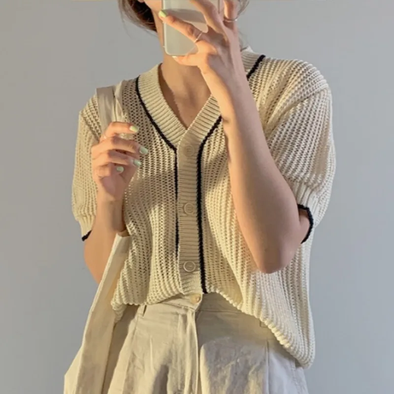 

Женский однобортный свитер с V-образным вырезом, Свободный кардиган в корейском ретро стиле, шикарный свитер в французском стиле с коротким...