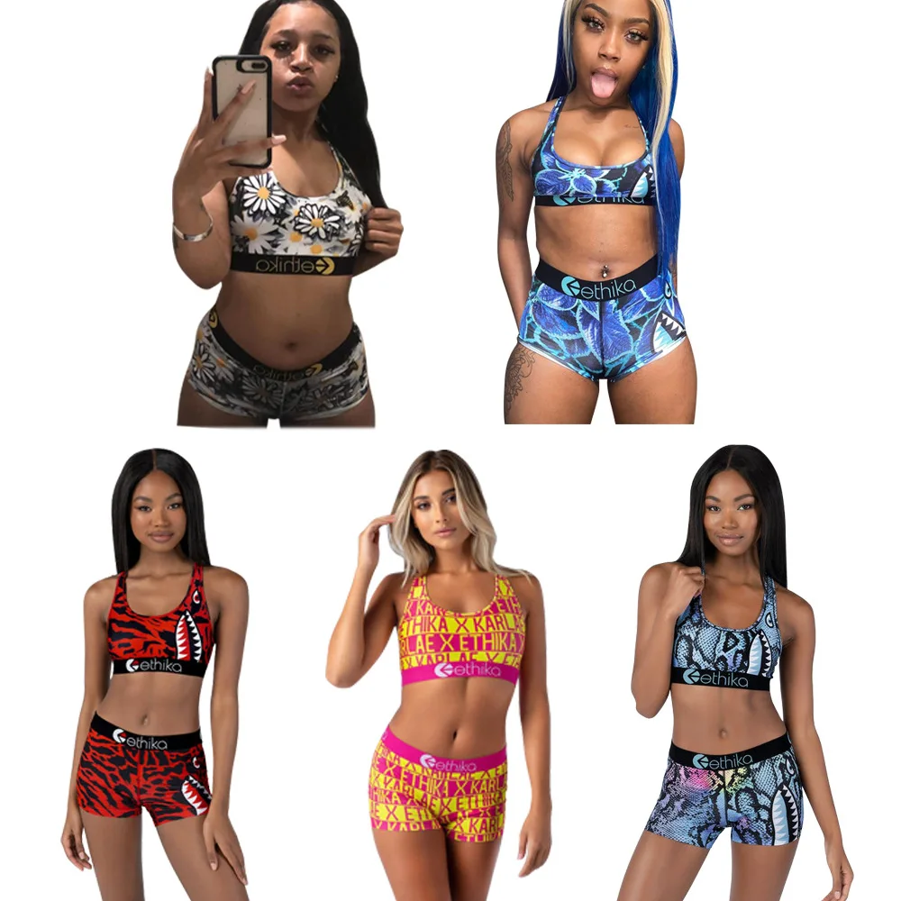 

Ethika 2021 Sexy Sport Fitness Active Sleeveless Two Pieces Print Set Women O-Neck Tacksuit 2 Pieces Short Pant Sets