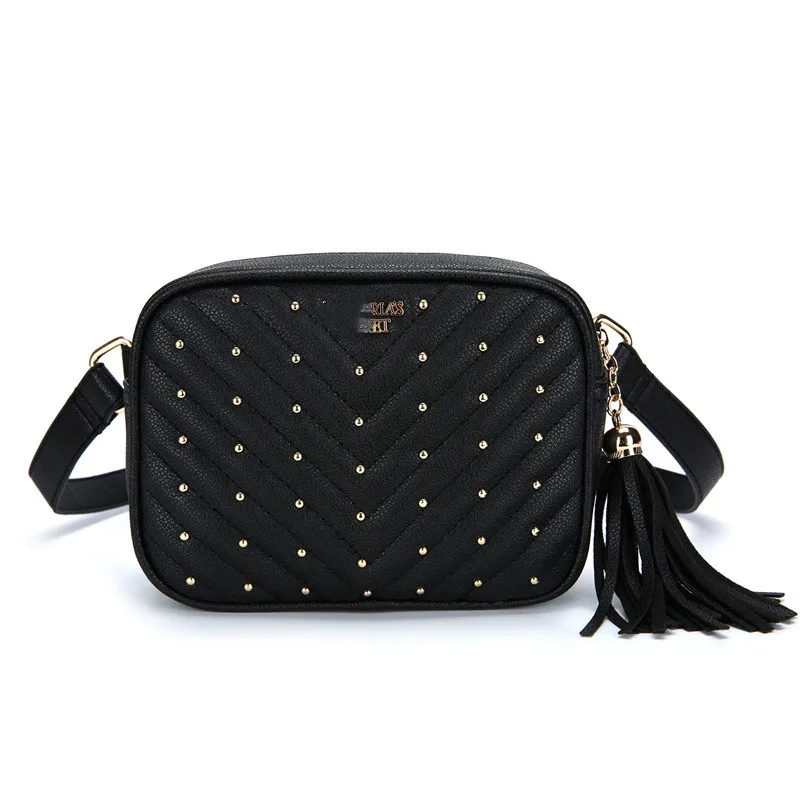 

VS Faux Leather Fanny Pack Waist Belt Bag PU V-quilted Studded Bag Tassels