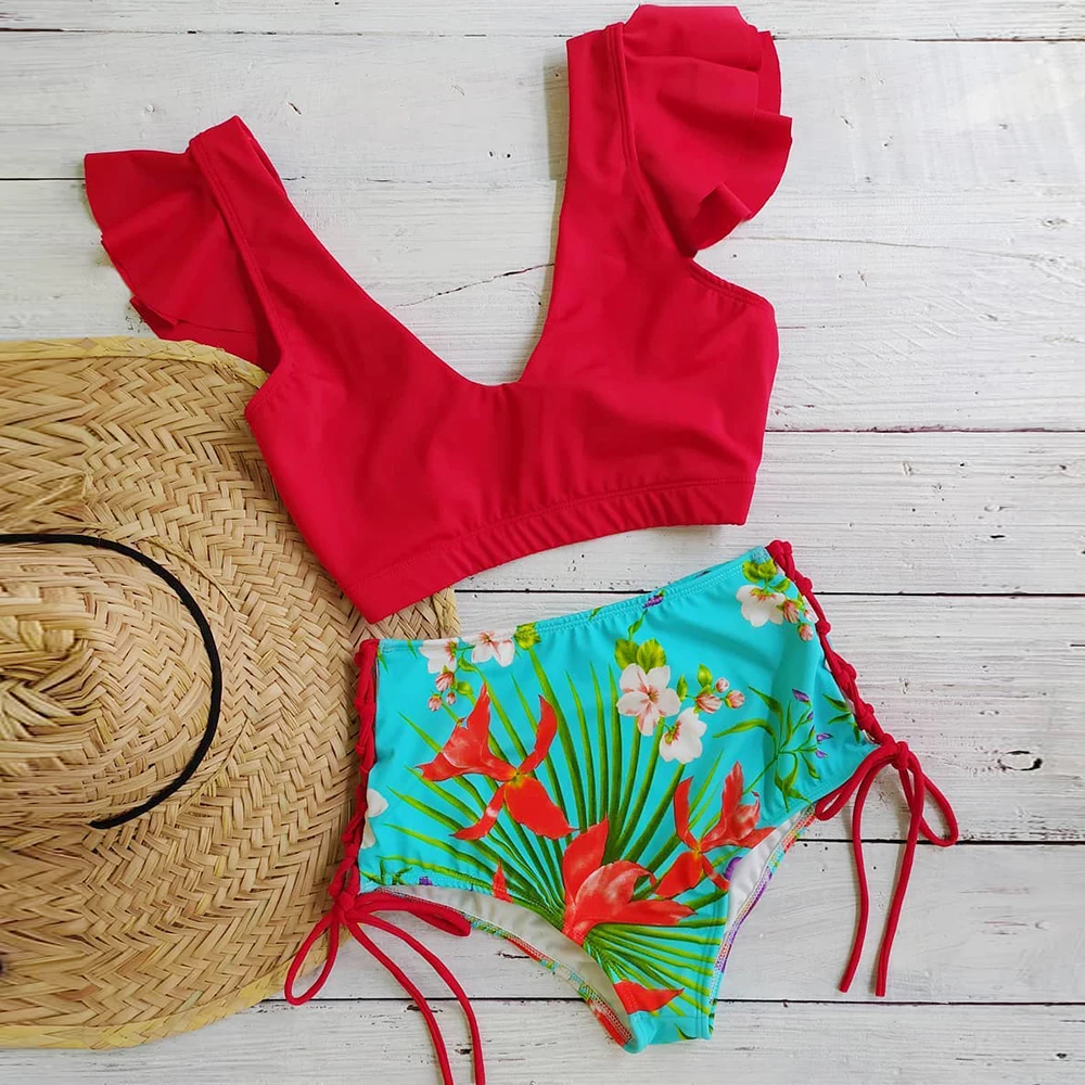 

2021 New Sexy High Waist Bikini Set Two Pieces Swimwear Women Print Ruffle Bandage Swimsuit Bathing Suit Beachwear biquini
