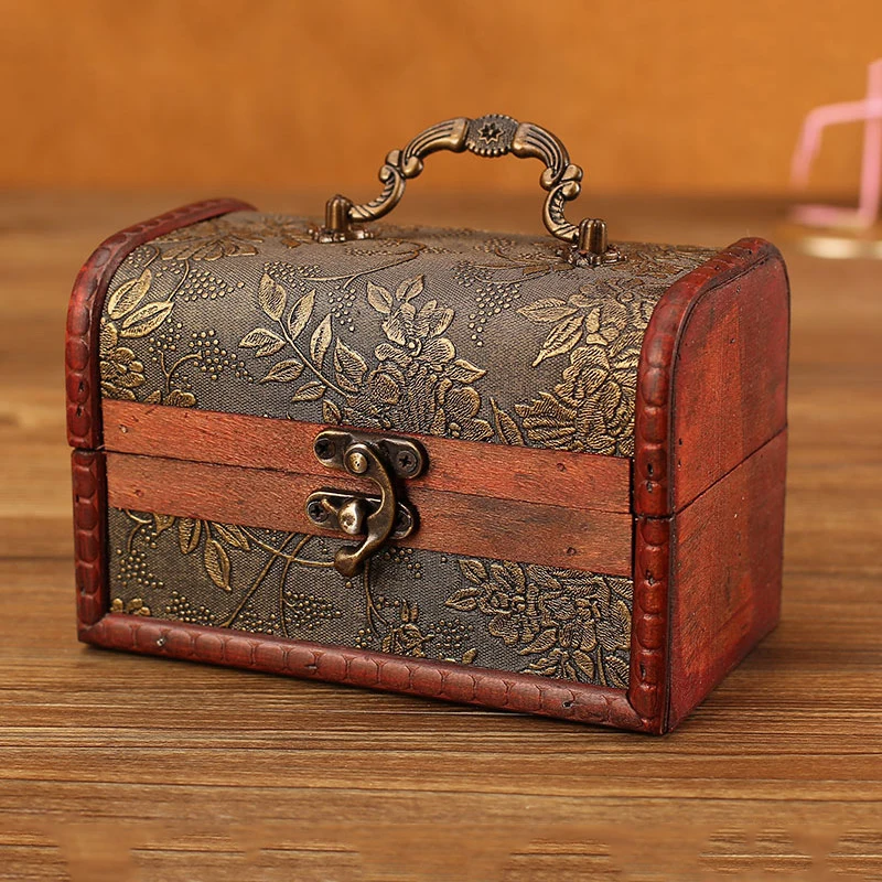 

Suitcase Retro Wood Box with Lock Storage Box Treasure Chest DIY Jewelry Storage Box Bracelet Earrings Case Makeup Organizer
