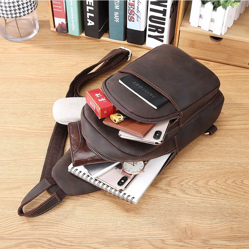 Original Men Crazy Horse Leather Chest Packs Male Real Leather Sling Messenger Bag Design Travel Daypack Male Crossbody Bag
