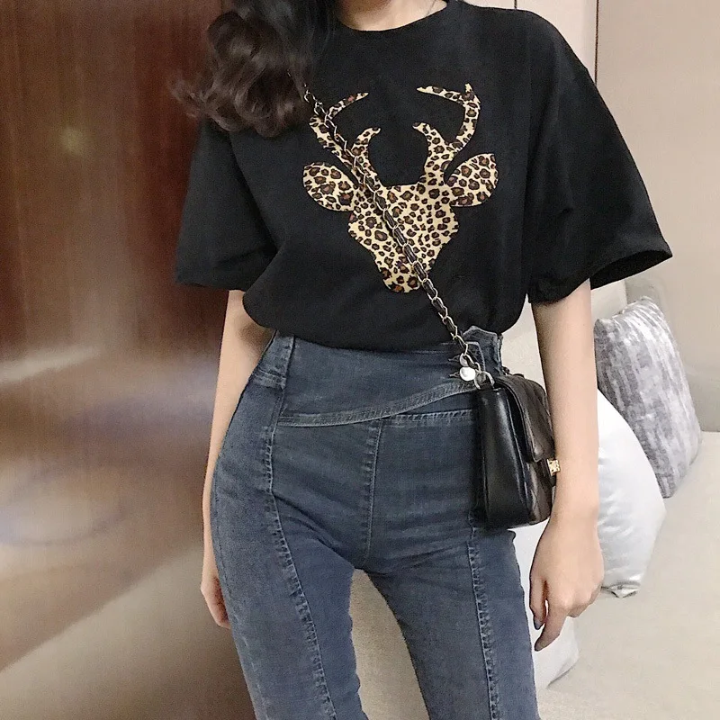 Женская футболка с леопардовым принтом и короткими рукавами|Футболки| |