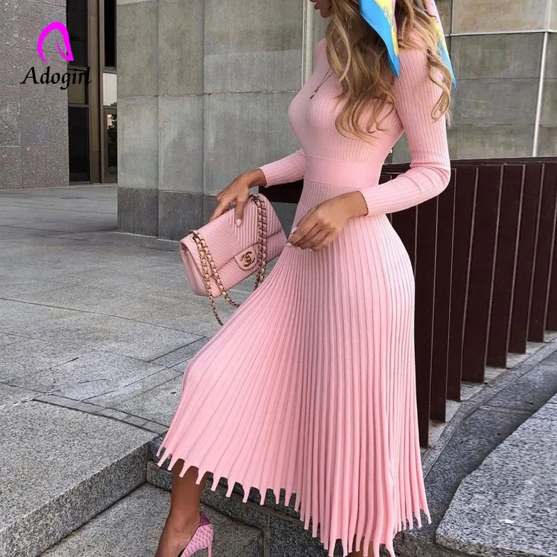 Nude Knit Solid Color Pleated Long Dress Women O Neck Long Sleeve Elegant Bodycon Dress Female Autumn Winter Sexy Sweater Dress