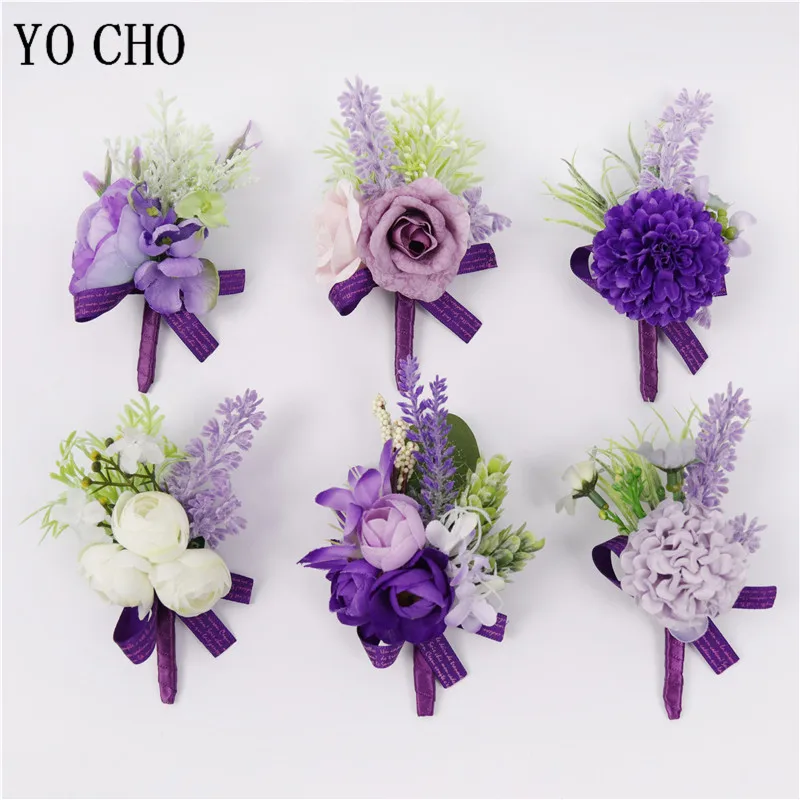 

YO CHO Boutonniere Artificial Flower Wrist Corsage White Purple Wedding Silk Rose Flower Brooch Pins Bridal Corsages Boutonniere