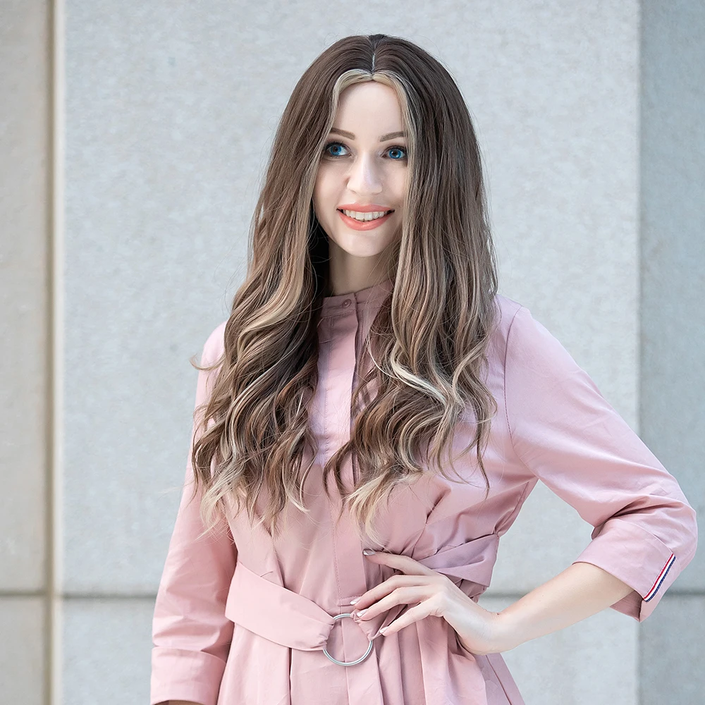 Длинные коричневые синтетические парики CharmSource с глубокими белыми волнами для