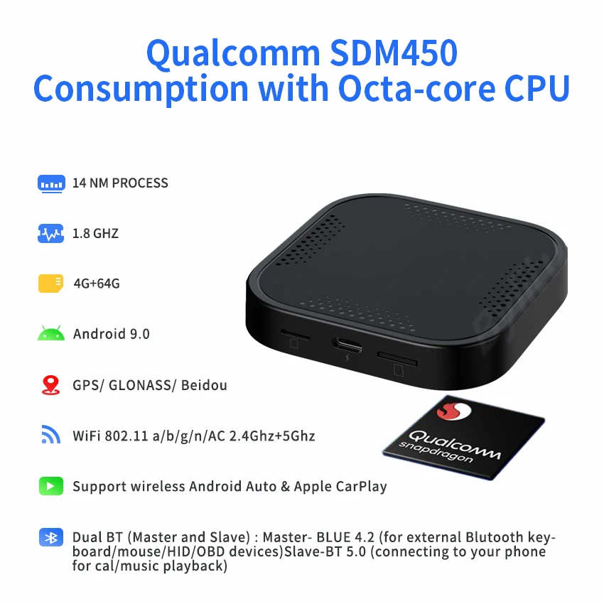 $155.48 CarPlay Android Mini Ai Box Android9 Qualcomm8-core 4G+64G Plug and Play Wired To Wireless For North American Version (NA)