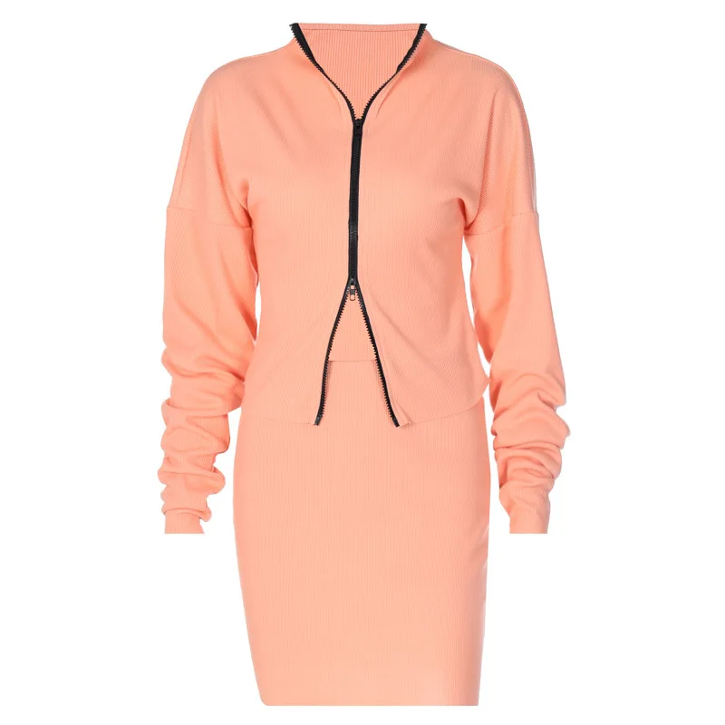 

Ribbed Knit Sweatshirt and Skirt Two Piece Set Double Zipper Long Sleeve Women Matching Sets Autumn Winter Clothing Sets Outfits