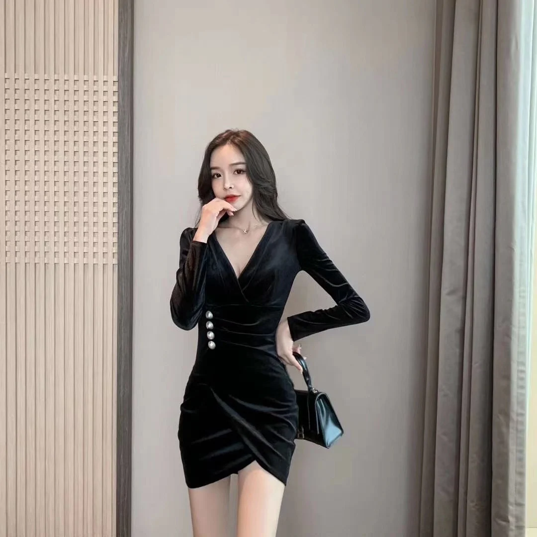 

Pleuche Long Sleeve V-neck Korea Women Night Club Party Dresses Pleated Skinny Slim Fit Elegant Ladies Sexy Casual Dress Clothes