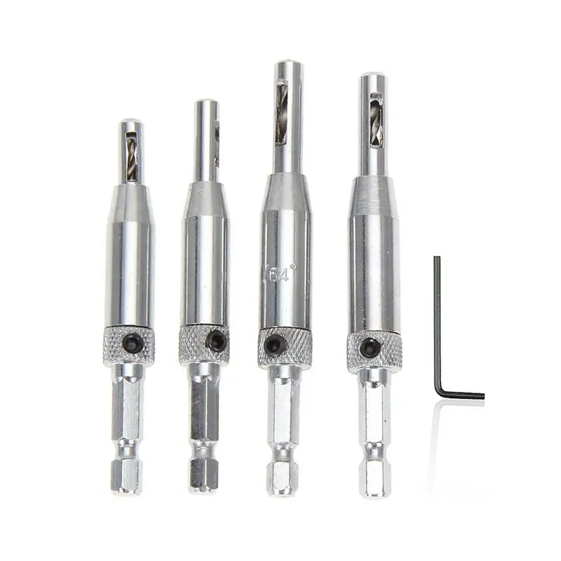 

4pcs/set Center Drill Bit Doors Self Centering Hinge Tapper Core Drill Bit Set Hole Puncher Woodworking Tools 5/64"-11/64"