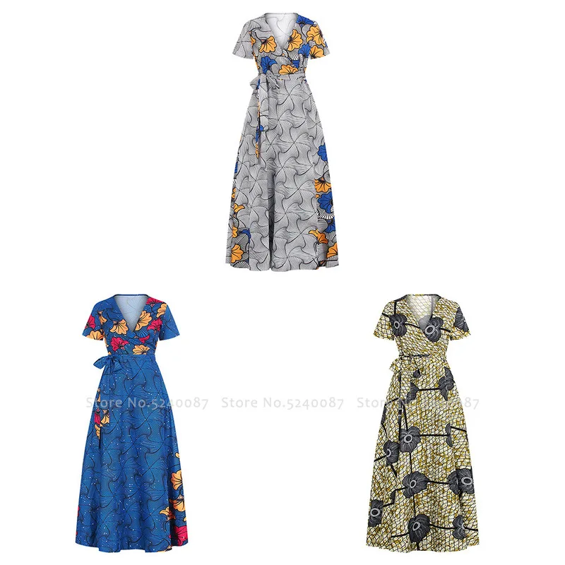 

Women African Clothing V-neck Sexy Dress Ankara Bazin Fashion Dubai Arabic Bohemian Print Dashiki Elegant Party Dresses Vestidos