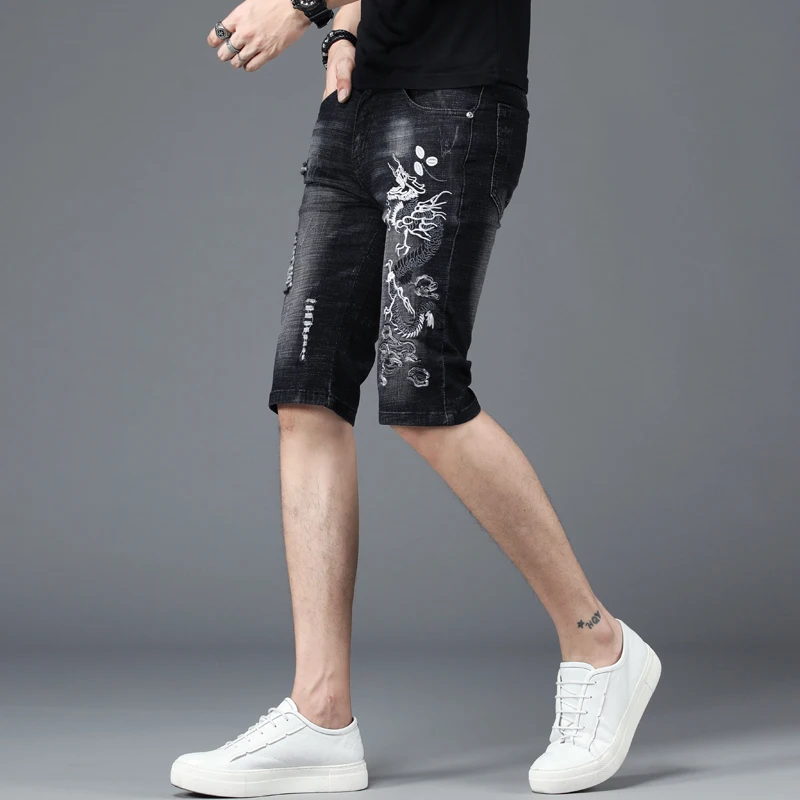 Джинсовые шорты в уличном стиле мужские модные рваные черные джинсы облегающие