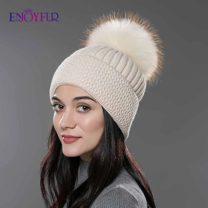 Женская шапка с помпоном ENJOYFUR, зимняя белая шапка-бини из шерсти и хлопка, с помпоном из натурального меха