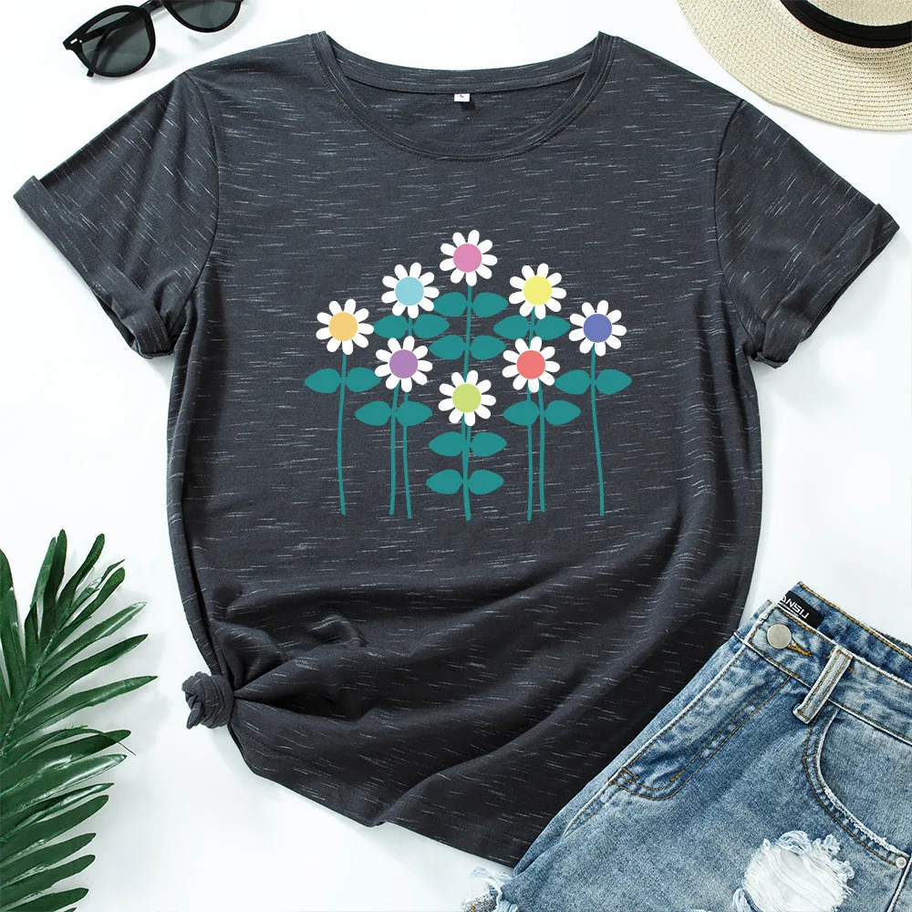 

Flower Shirt Women Casual Cotton 5XL Plus Size Tops Cute Aesthetic Graphic T shirts Short Sleeve Summer Tees woman Tops