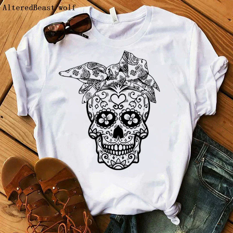 

Sugar Skull Women Tshirt Summer White Bandana Fashion Graphic Women O-neck T Shirt Casual Tops Punk T-shirt Femme Top Tees 2020