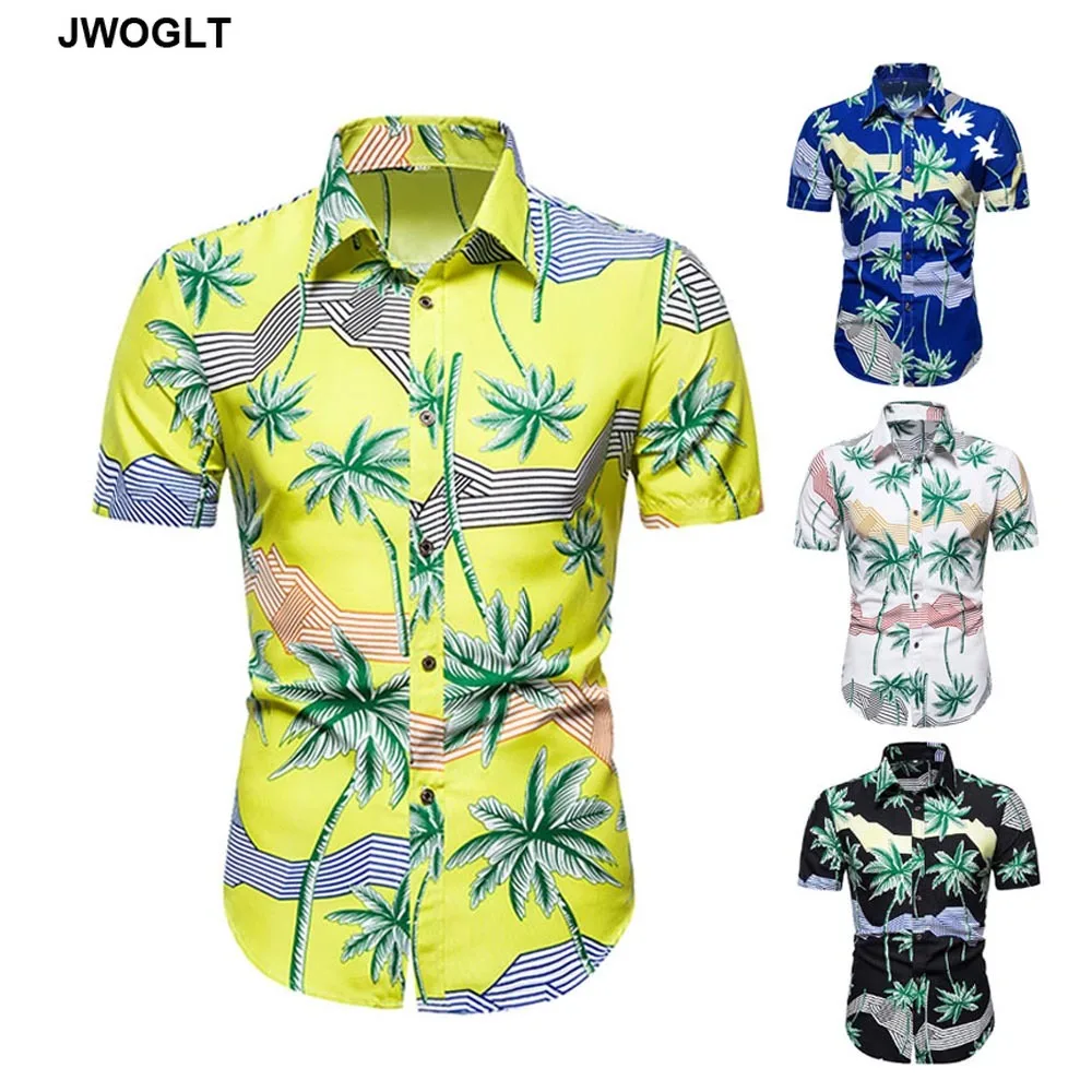 

Summer New Fashion Regular Fit Casual Shirts Short Sleeve Button Down Black White Hawaiian PTropical Palm Tree Shirt