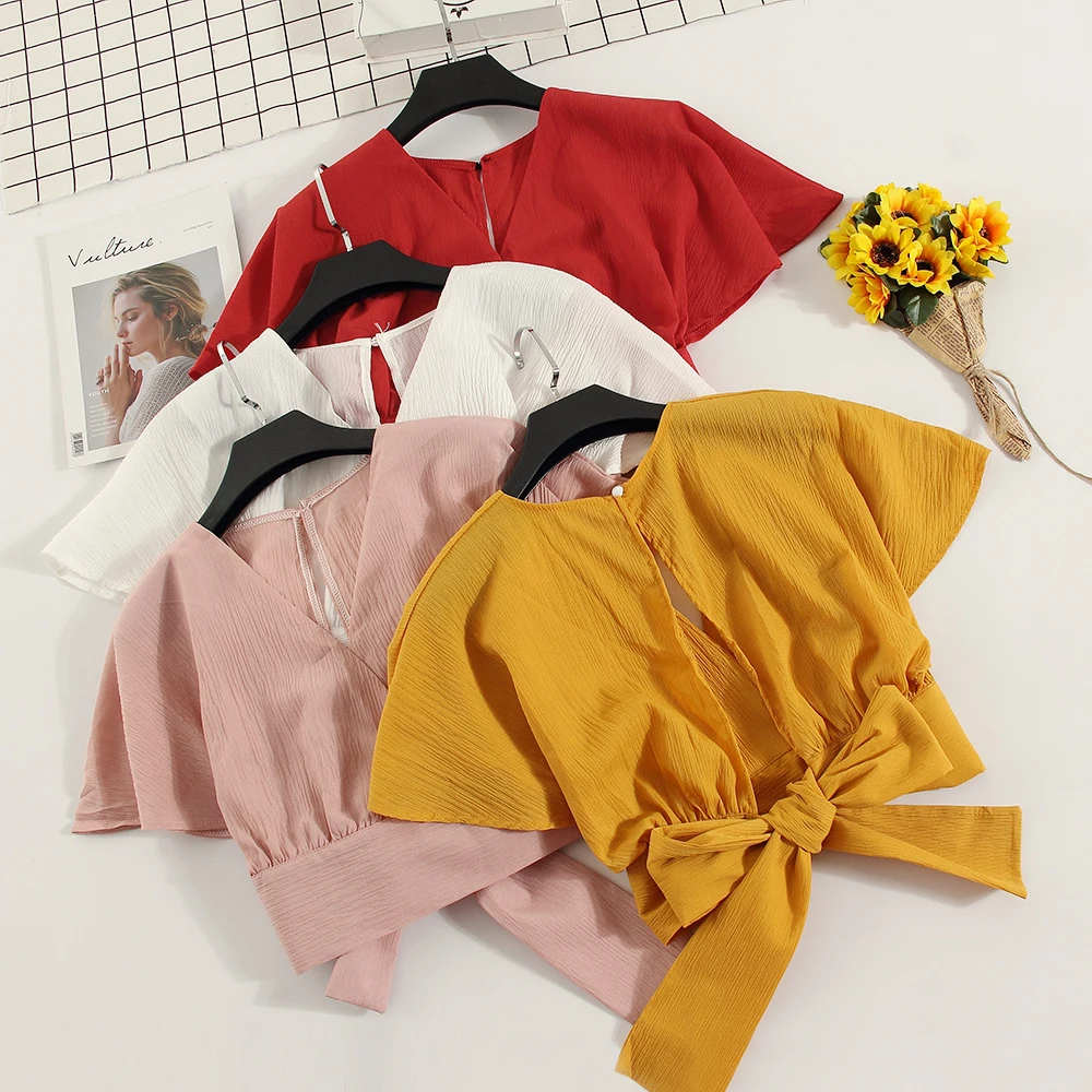 

Summer V-neck Shirts Backless Bowtie Lace Up Chiffon Blouses High Waist Short Batwing Sleeved Sexy Tank Tops 2018 Spring