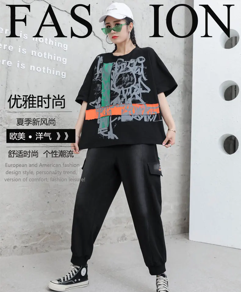 

Women Black Pattern Plus Size T-Shirt New Summer 2021 Loose Casual Short Sleeve T Shirt Tops Clothes Fashion Graphic Tee XC507
