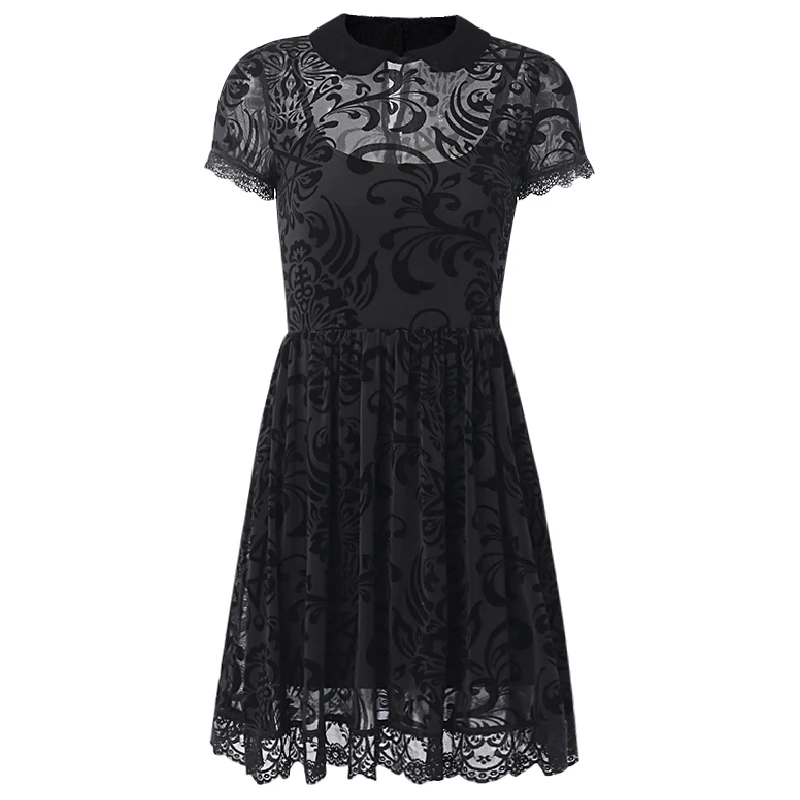 

Vintage Lace Dress Women Gothic Sexy Hollow Out Black Mini Short Sleeve Party Vestidos Harajuku Casual Female Mesh Dresses 2020