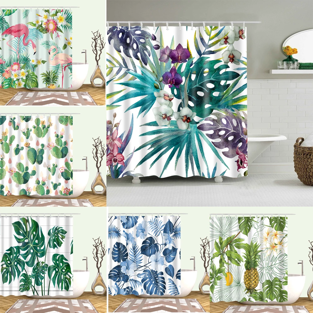 Занавеска для душа из полиэстера с принтом тропических растений и кактусов s