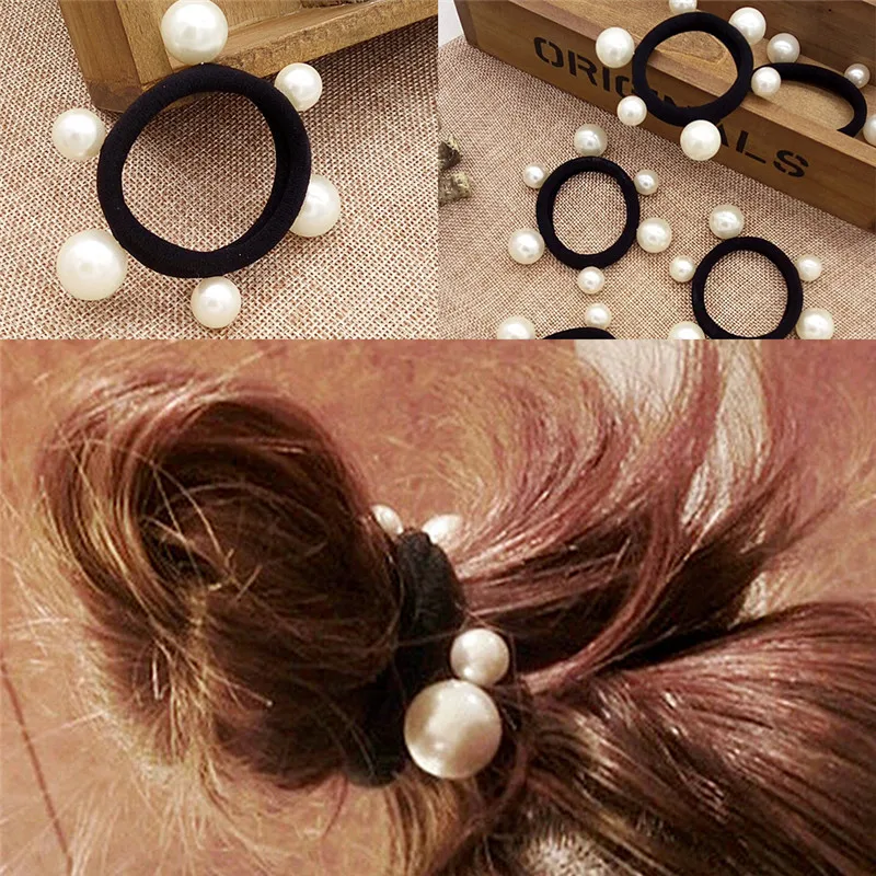 

3Pc 6cm imitation pearls fashion Elastic holder black Bands Girl Rope Gum Rubber Band tie bun