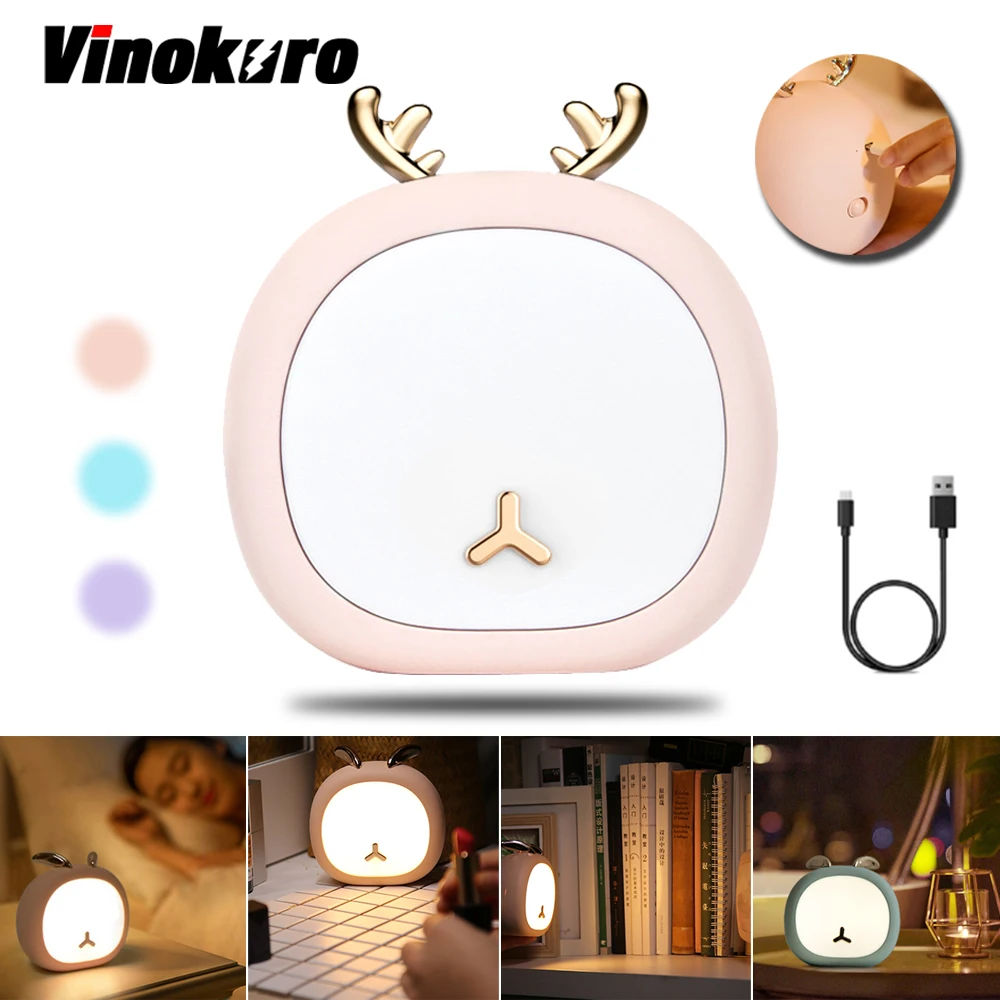 

Cute LED Night Light USB Rechargeable Deer Lamp Dimmable Rabbit Nightlight 3 Light Source Bedside Kid Gift Decoration Lights