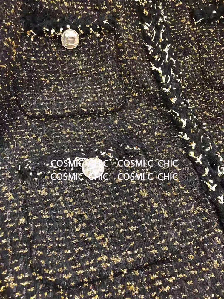Cosmicchic, женское осеннее Элегантное Черное короткое пальто, роскошная шерстяная твидовая куртка с длинным рукавом, золотая нить, плетение, OL, Женская куртка