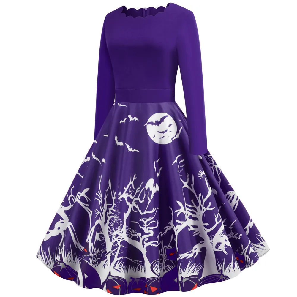 

Halloween Women's Digital Printed Waist Long Sleeve Stitching A-line O-neckDress Autumn And Winter women's dress 2021 Gift