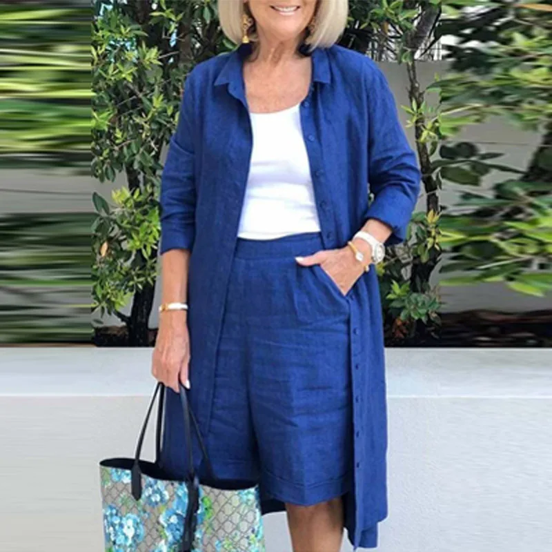 

Комплект одежды женский из 2 предметов, модная хлопково-Льняная однотонная Свободная Повседневная Длинная рубашка на пуговицах и прямые шо...