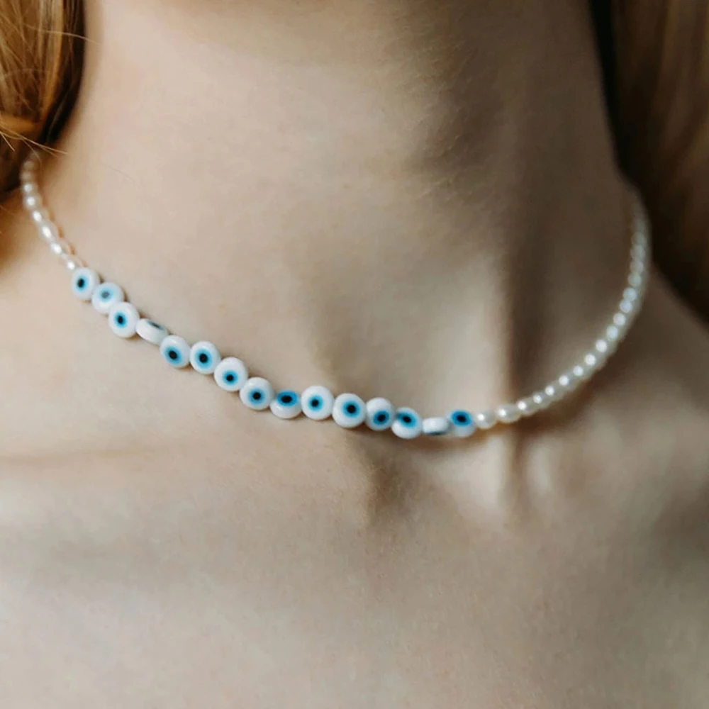 

Ghidbk New Elegant Freshwater Pearls Blue White Evil Eye Simple Asymmetric Choker Necklace For Women Girl Romantic Party Jewelry