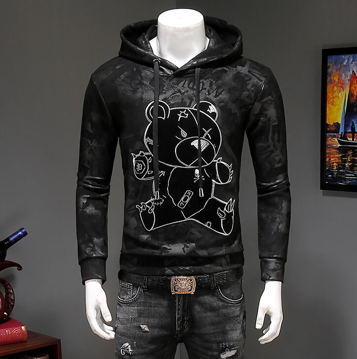 2019 мужские толстовки медведь вышивка полный пуловер с капюшоном Повседневная