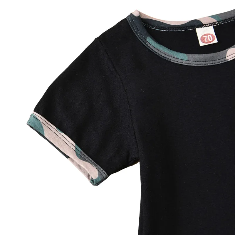 

0-24M NewBorn Baby's Short Sleeve Set, Fashion Patchwork Print O Neck Tops and Short Pants 2-piece Suits Black