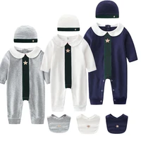 new spring and autumn fashion brand style baby clothes cotton long sleeved patchwork boy girl romper hat and bibs 3 piece set