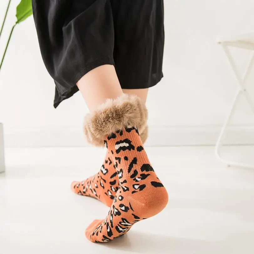 Women Solid Leopard Cotton Socks Faux Fur Cuff Girls Warm Winter Socks Leopard Ankle Socks Crew Socks Short Socks 8/10 Pairs/lot