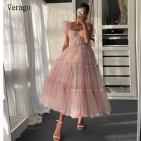 verngo simple blush pink tulle a line prom dresses short sweetheart straps tiered tea length formal party gowns homecoming dress