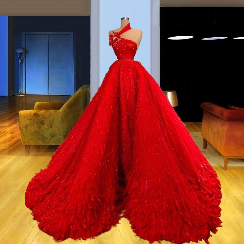 

Beaded One Shoulder Red Wedding Dress Feathers 2021 Princess Uk Dress