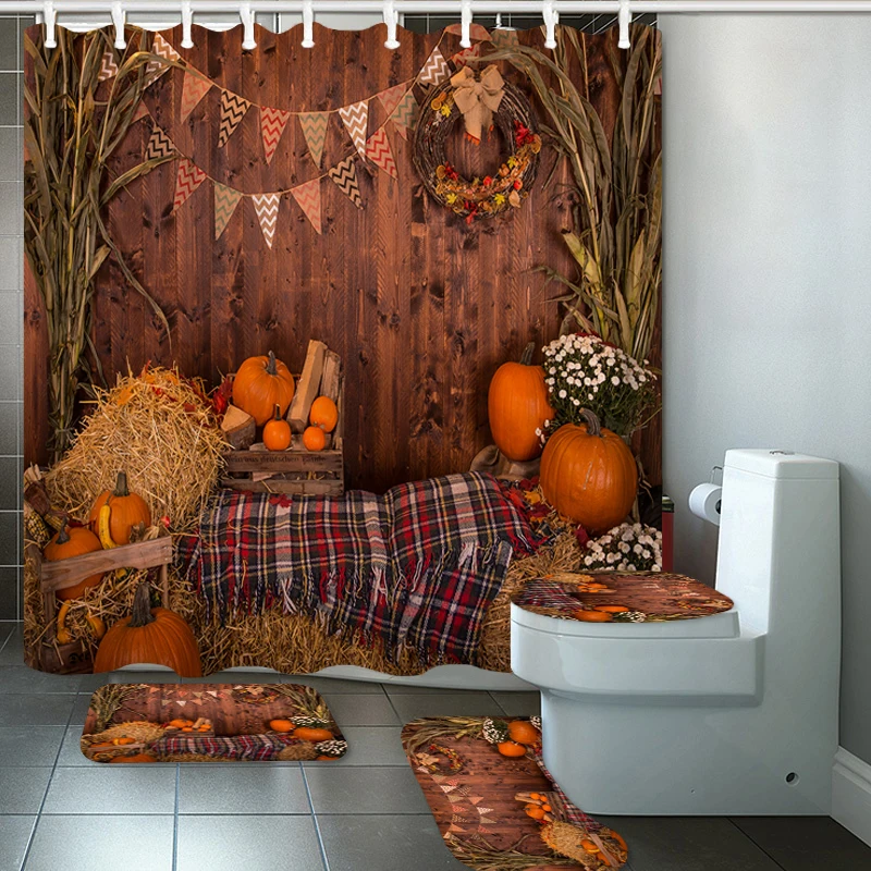 Тканевая занавеска для душа на День Благодарения Осенние тыквы деревянный узор