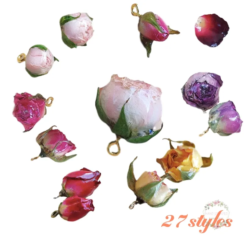 

10PCS Mixed Dried Rose Charms For Jewelry Making Natural Blooming Bud Dried Real Flower Charm with Liquid Resin Covered Dangle