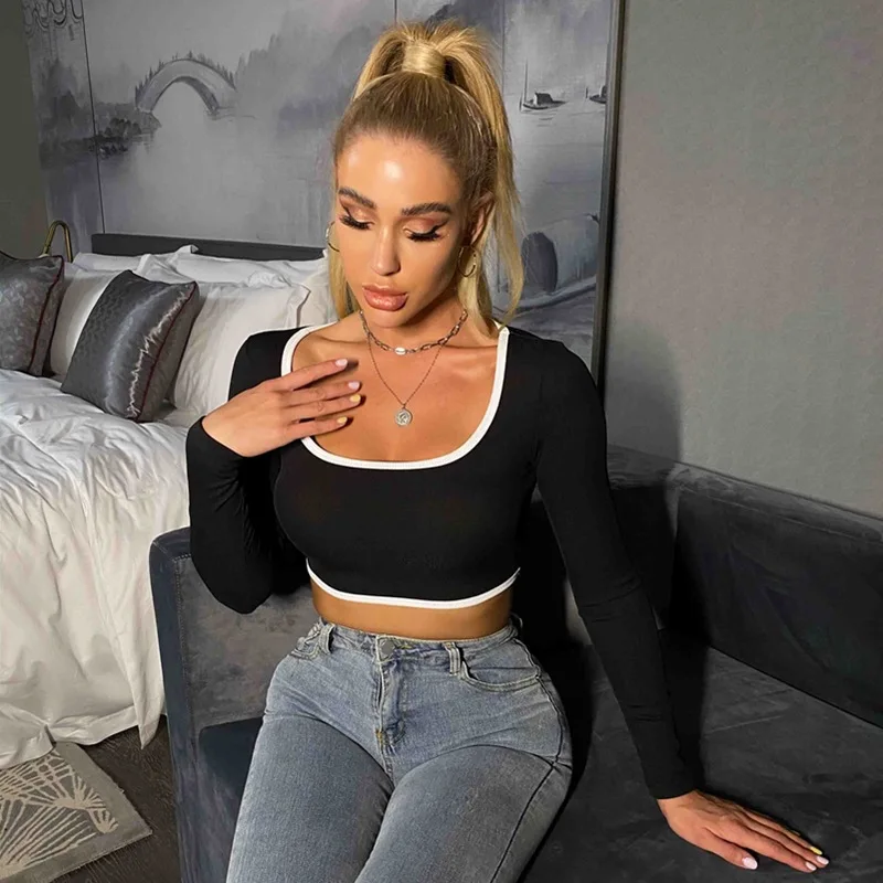 

2021 spring fashion European American new hot sell round neck stitch contrast color sexy cropped bottom shirt T-shirt women
