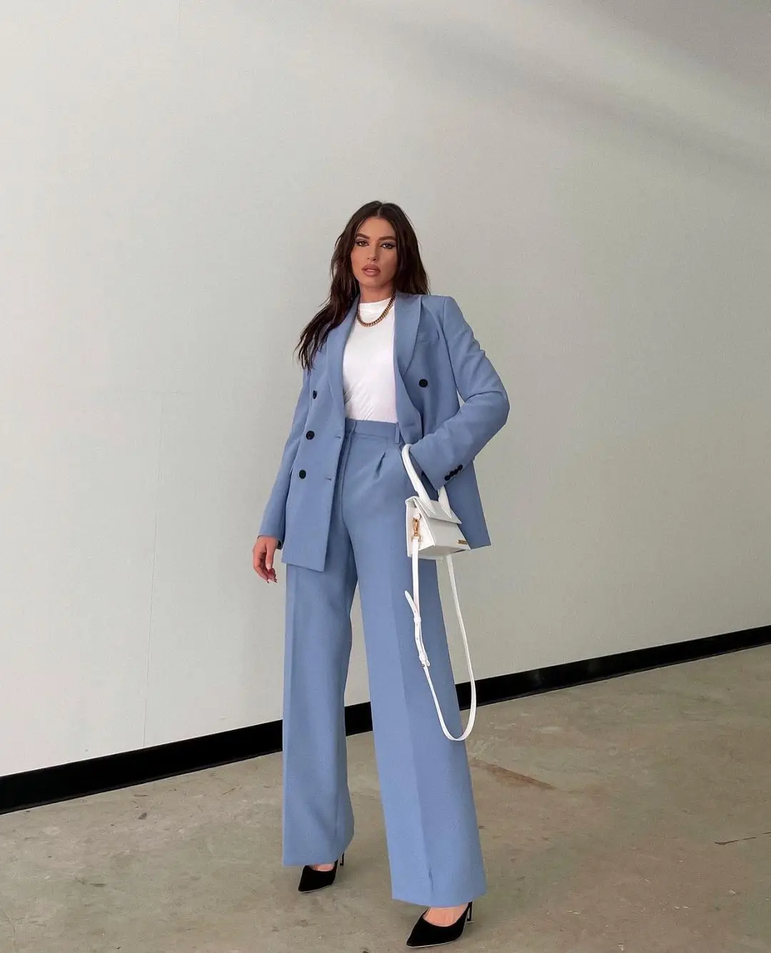 

blue Buttons Fly Female Women's Business Tuxedos Lady Slim Fit Double Breasted Casual 2 Pieces Blazer Wide Leg Pants