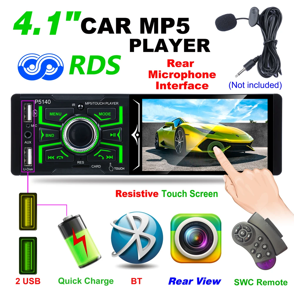 P5140 12 В постоянного тока новый 4 1 &quotсенсорный экран 1080P 4*50 Вт Bluetooth RMVB/AVI медиаплеер