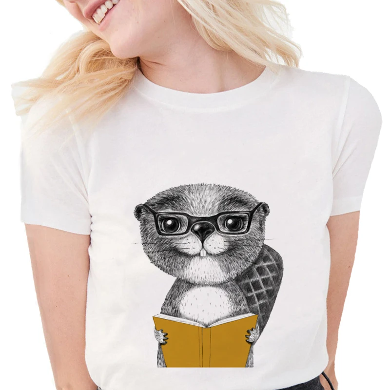 Летняя забавная Милая футболка с мультяшным изображением бобра чтения книги