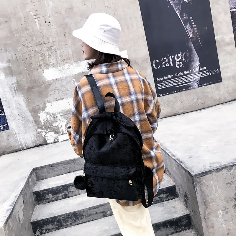 Children plush bag cute cartoon bowknot school bag for girls casual  kids bag  girl bagpack small  women travel bags with pompom