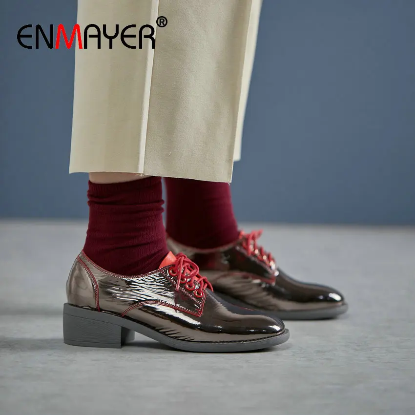 

ENMAYER 2020 Роскошные Дизайнерские повседневные свадебные туфли из натуральной кожи со шнуровкой женские туфли на квадратном каблуке с круглым...