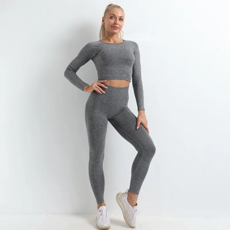 

New Arrival Seamless Yoga Set Long Sleeve High Elastic Sports Shirt High Waist Stretchy Hips Up Breathable Running Tights