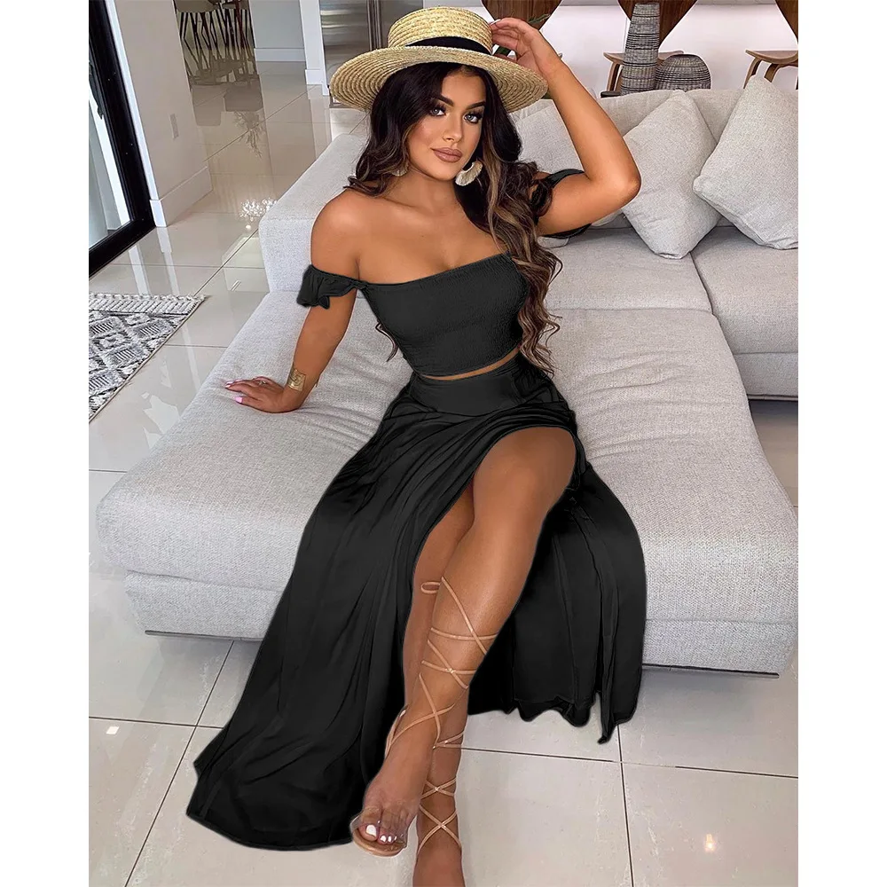 

Off Shoulder Two Piece Set Women Backless Sexy Short Sleeve Black Crop Top 2 Piece Skirt Set Summer Women Matching Sets