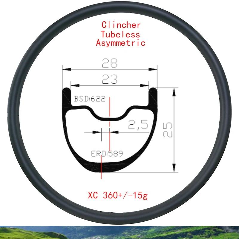 

29er MTB XC 28*25mm Asymmetric Carbon Rim Mountain bike 28mm wide 25mm deep hookless Clincher Tubeless UD 3K 12K 24 28 32 Holes