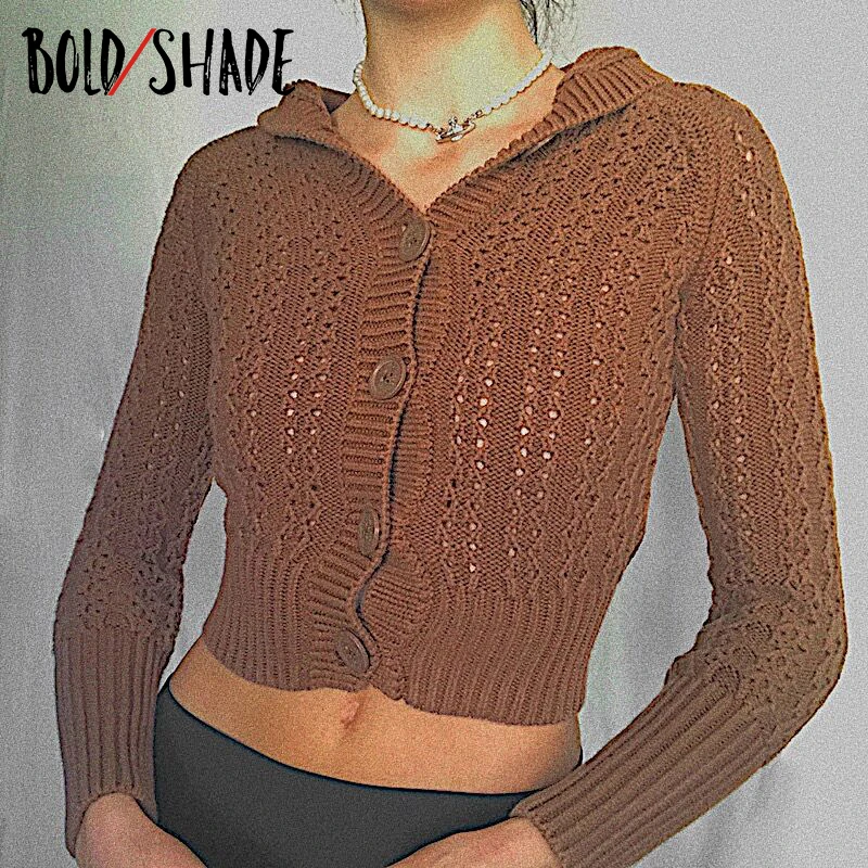 

Bold Shade Goblincore Vintage Fashion Cardigan Sweater Button Tricot Long Sleeve Hooded Crop Top Grunge Indie y2k Style Sweaters