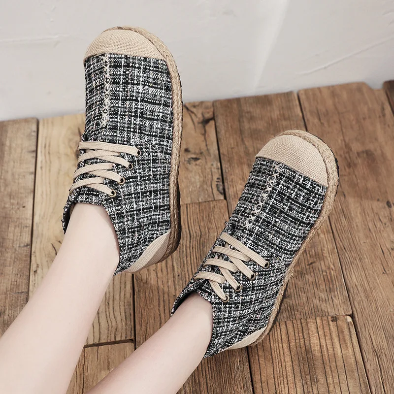 

2020 new small fragrance fisherman's shoes women's middle upper linen shoes simple hand stitched women's cloth shoes