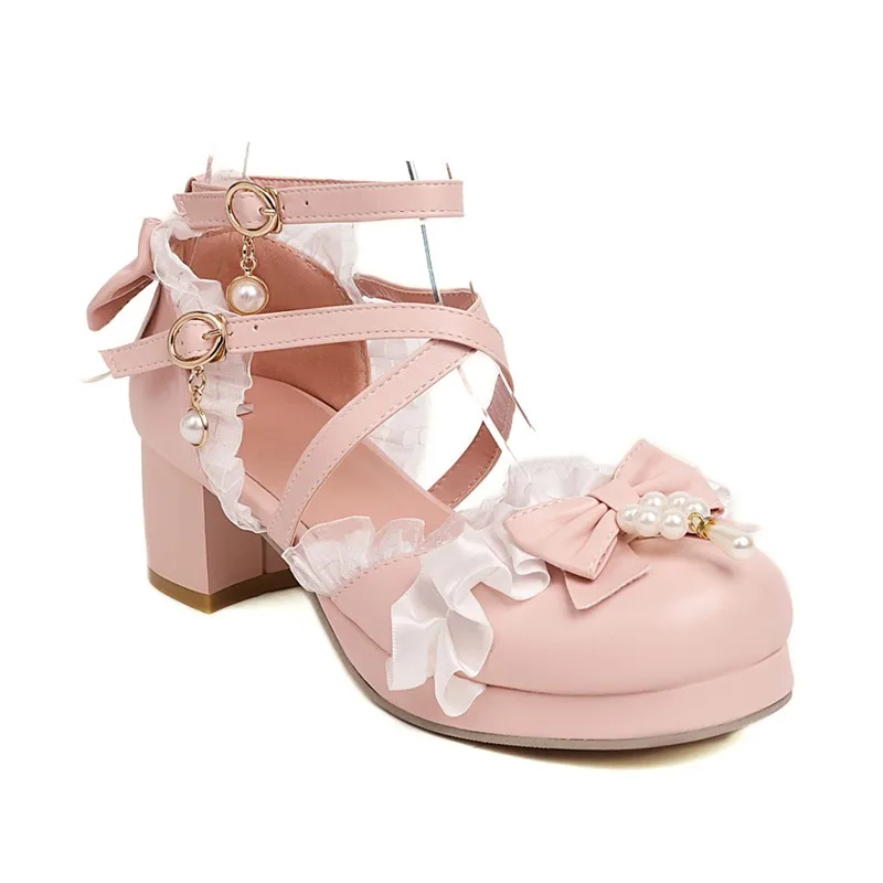 

Cross Strap Women High Heels Mary Jane Pumps Party Wedding White Pink Ruffles Bow Princess Cosplay Lolita Shoes Plus Size 41 42